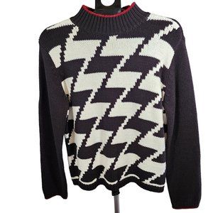 Emma James Knitted Black and White Patterned Front Red Accent Around the Collar